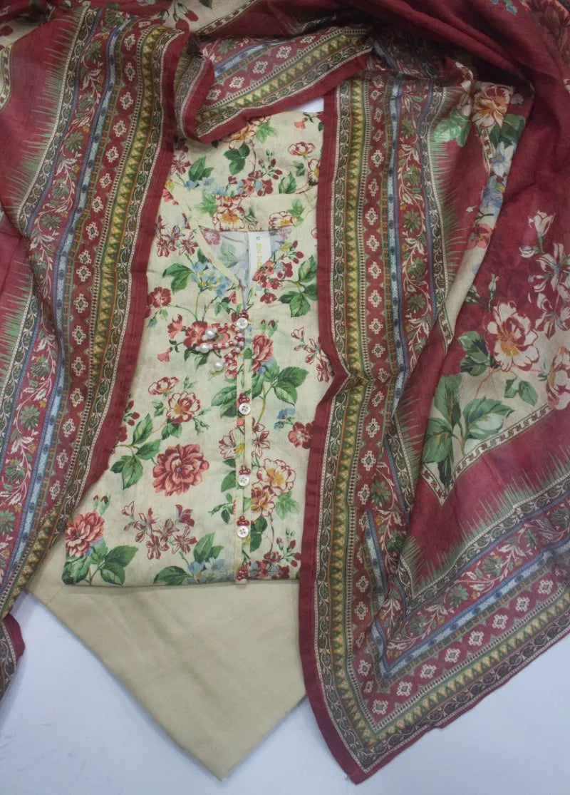 3 Piece Printed Stitched Beige Color Lawn Shirt with Trouser & Dupatta