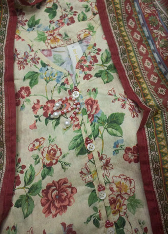 3 Piece Printed Stitched Beige Color Lawn Shirt with Trouser & Dupatta