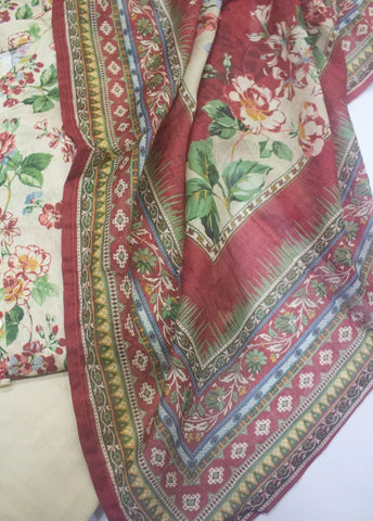 3 Piece Printed Stitched Beige Color Lawn Shirt with Trouser & Dupatta
