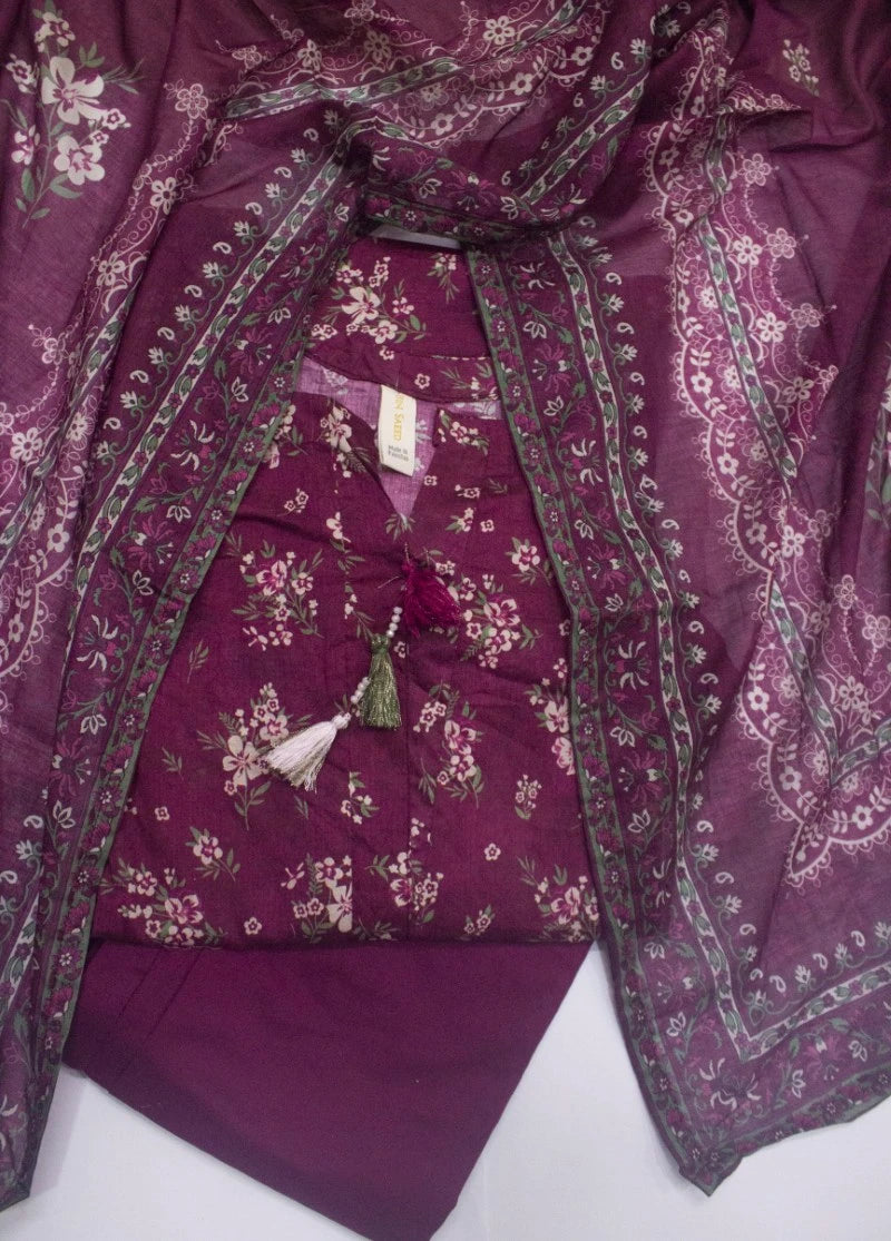3 Piece Printed Stitched Plum Color Lawn Shirt with Trouser & Dupatta