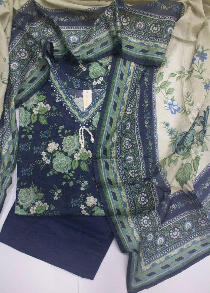 3 Piece Printed Stitched Navy Blue Color Lawn Shirt with Trouser & Dupatta
