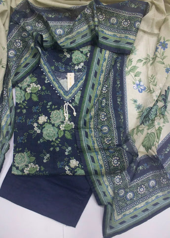 3 Piece Printed Stitched Navy Blue Color Lawn Shirt with Trouser & Dupatta