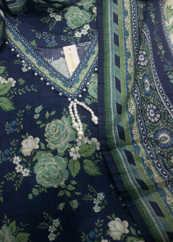 3 Piece Printed Stitched Navy Blue Color Lawn Shirt with Trouser & Dupatta