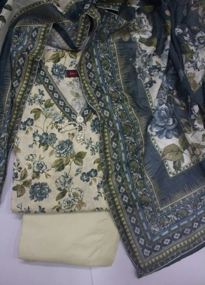 3 Piece Printed Stitched Off White Color Lawn Shirt with Trouser & Dupatta