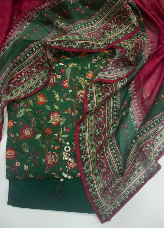 3 Piece Printed Stitched Bottle Green Color Lawn Shirt with Trouser & Dupatta