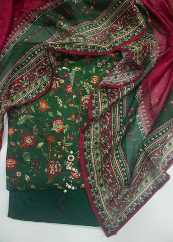 3 Piece Printed Stitched Bottle Green Color Lawn Shirt with Trouser & Dupatta