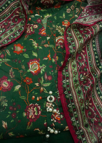 3 Piece Printed Stitched Bottle Green Color Lawn Shirt with Trouser & Dupatta