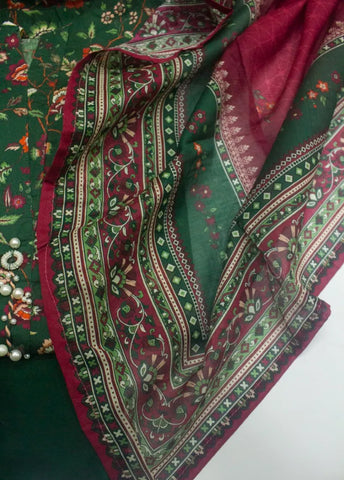 3 Piece Printed Stitched Bottle Green Color Lawn Shirt with Trouser & Dupatta