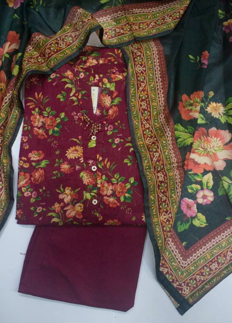 3 Piece Printed Stitched Red Color Lawn Shirt with Trouser & Dupatta
