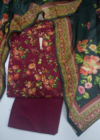 3 Piece Printed Stitched Red Color Lawn Shirt with Trouser & Dupatta
