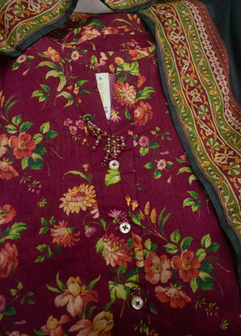 3 Piece Printed Stitched Red Color Lawn Shirt with Trouser & Dupatta