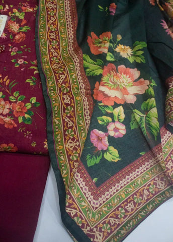 3 Piece Printed Stitched Red Color Lawn Shirt with Trouser & Dupatta