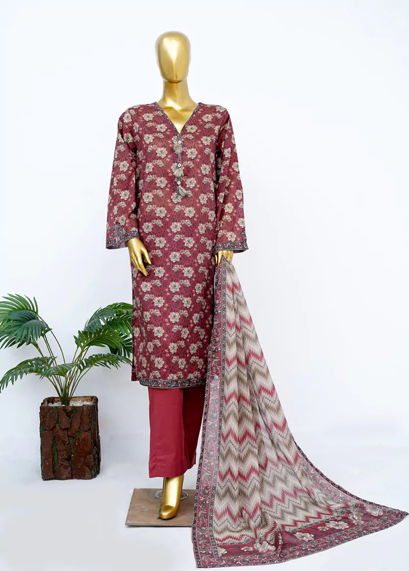 3 Piece Printed Stitched Maroon Color Lawn Shirt with Trouser & Dupatta