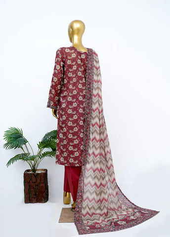 3 Piece Printed Stitched Maroon Color Lawn Shirt with Trouser & Dupatta