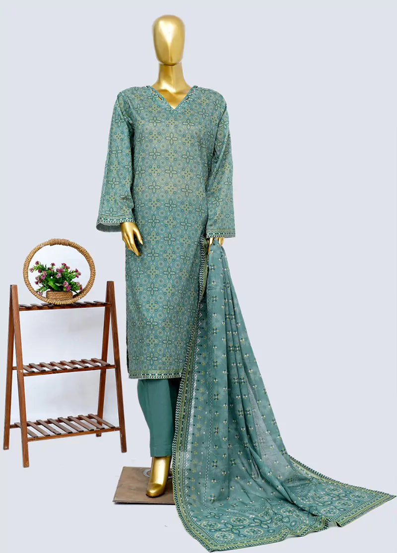 3 Piece Printed Stitched Blue Color Lawn Shirt with Trouser & Dupatta