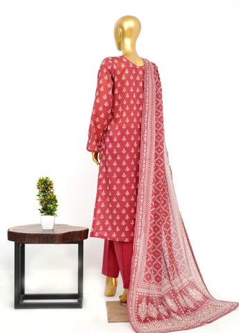 3 Piece Printed Stitched Red Color Lawn Shirt with Trouser & Dupatta