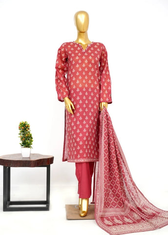 3 Piece Printed Stitched Red Color Lawn Shirt with Trouser & Dupatta