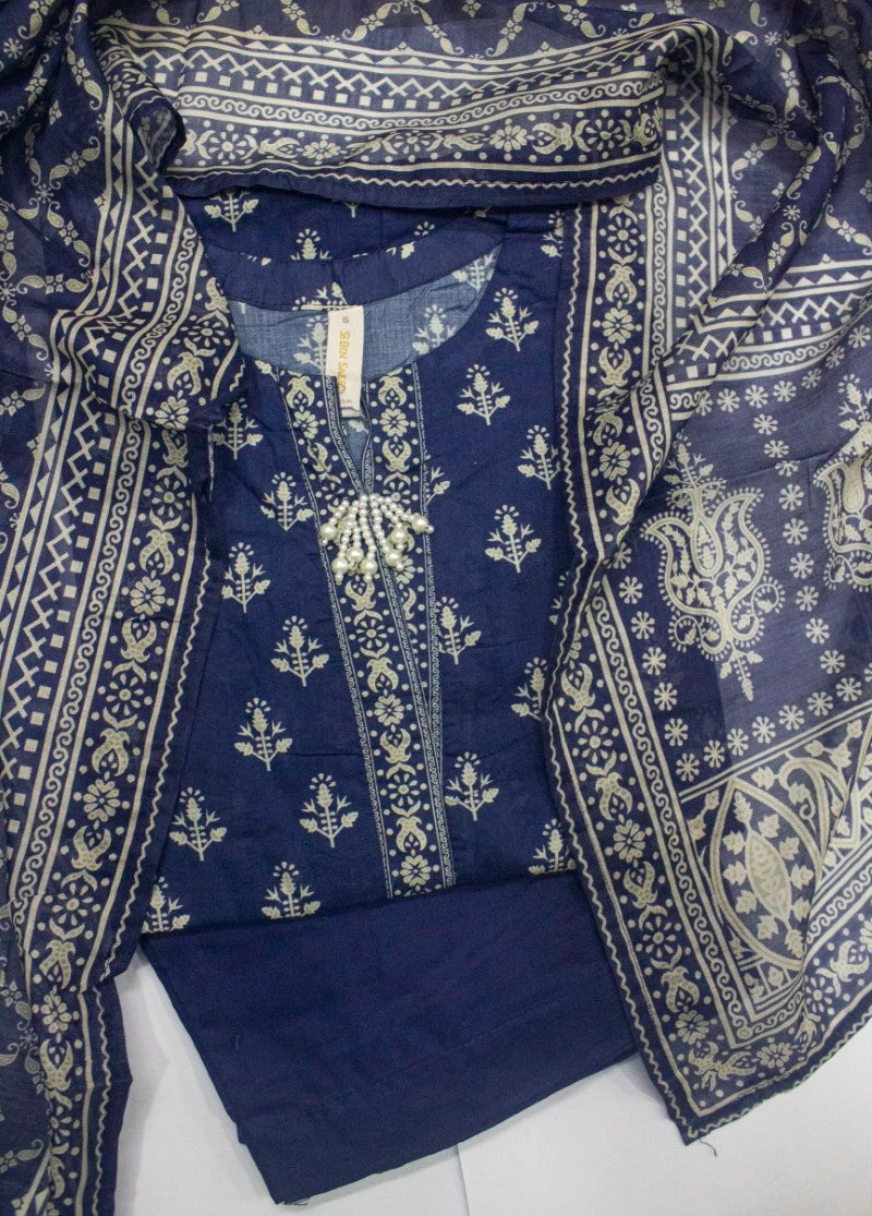 3 Piece Printed Stitched Navy Blue Color Lawn Shirt with Trouser & Dupatta