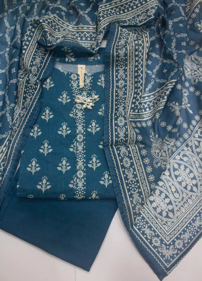 3 Piece Printed Stitched Blue Color Lawn Shirt with Trouser & Dupatta