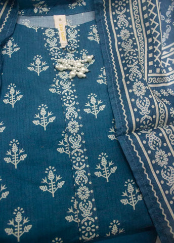 3 Piece Printed Stitched Blue Color Lawn Shirt with Trouser & Dupatta