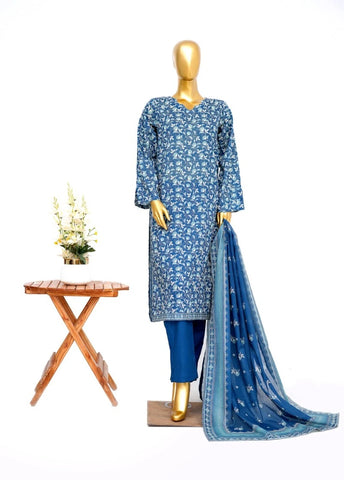 3 Piece Printed Stitched Blue Color Lawn Shirt with Trouser & Dupatta
