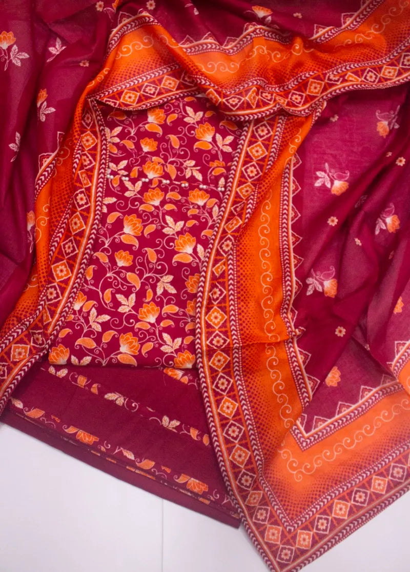 3 Piece Printed Stitched Red Color Lawn Shirt with Farshi Shalwar & Dupatta