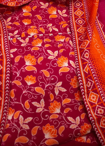 3 Piece Printed Stitched Red Color Lawn Shirt with Farshi Shalwar & Dupatta