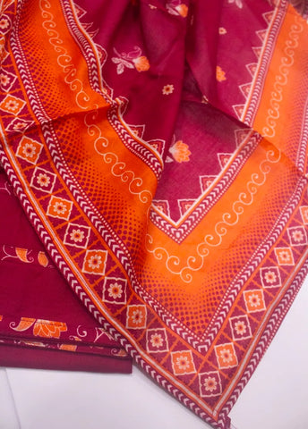 3 Piece Printed Stitched Red Color Lawn Shirt with Farshi Shalwar & Dupatta