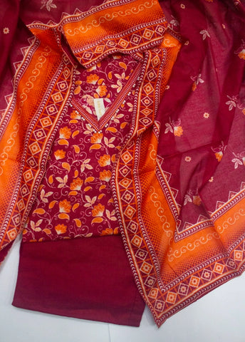 3 Piece Printed Stitched Red Color Lawn Shirt with Trouser & Dupatta