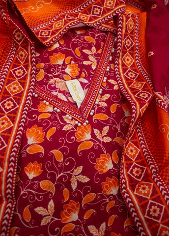 3 Piece Printed Stitched Red Color Lawn Shirt with Trouser & Dupatta