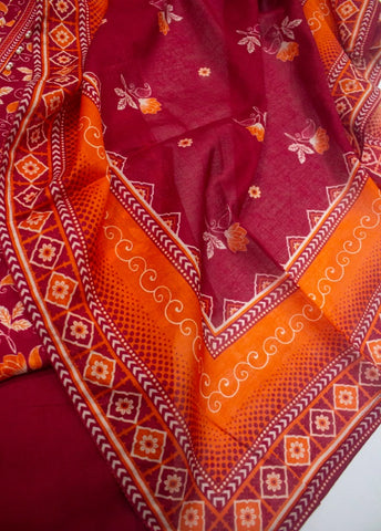 3 Piece Printed Stitched Red Color Lawn Shirt with Trouser & Dupatta