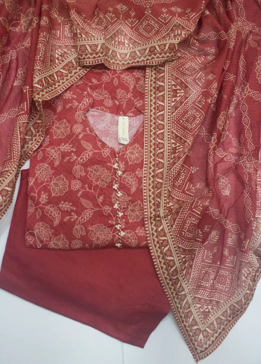 3 Piece Printed Stitched Rust Color Lawn Shirt with Trouser & Dupatta