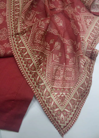 3 Piece Printed Stitched Rust Color Lawn Shirt with Trouser & Dupatta