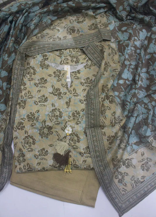 3 Piece Printed Stitched Lime Yellow Color Lawn Shirt with Trouser & Dupatta