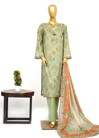 3 Piece Printed Stitched Pista Green Color Lawn Shirt with Trouser & Dupatta