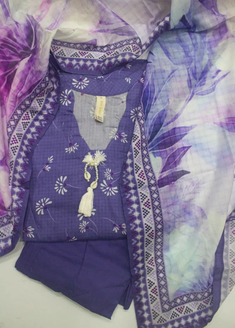 3 Piece Printed Stitched Purple Color Lawn Shirt with Trouser & Dupatta