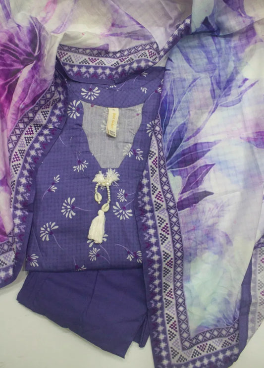 3 Piece Printed Stitched Purple Color Lawn Shirt with Trouser & Dupatta