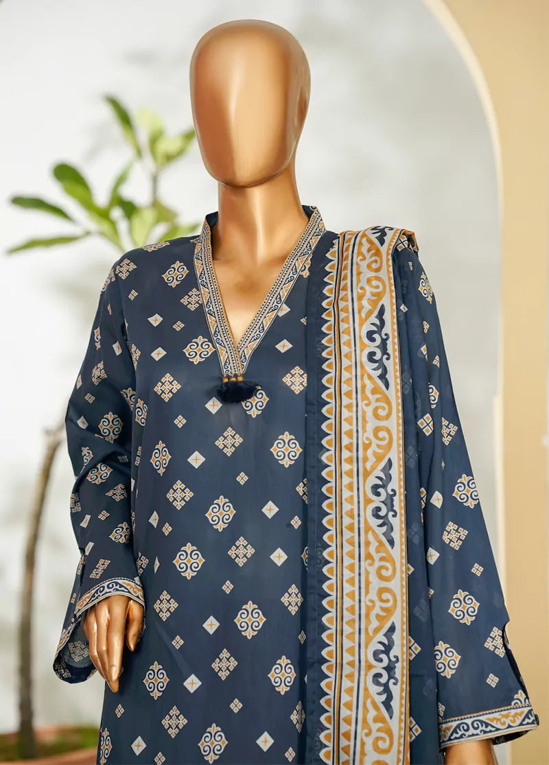 3 Piece Printed Navy Blue Color Lawn Shirt with Trouser & Dupatta