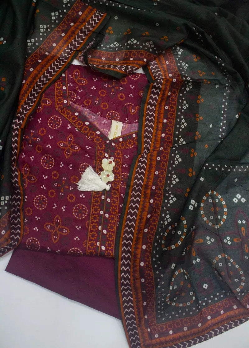 3 Piece Printed Stitched Maroon Color Lawn Shirt with Trouser & Dupatta
