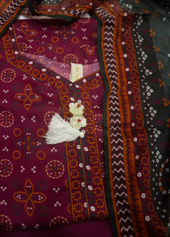 3 Piece Printed Stitched Maroon Color Lawn Shirt with Trouser & Dupatta