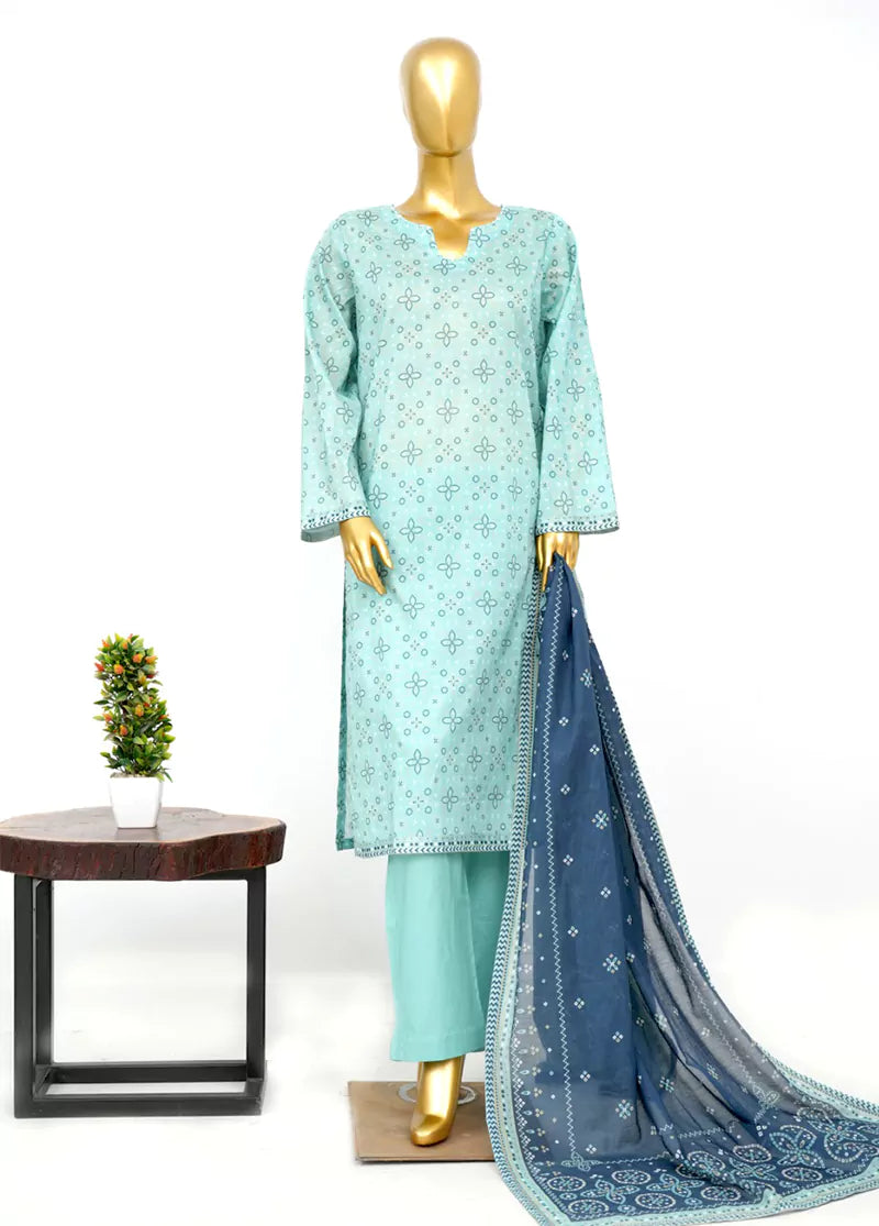 3 Piece Printed Stitched Aqua Color Lawn Shirt with Trouser & Dupatta