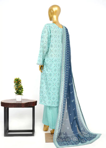 3 Piece Printed Stitched Aqua Color Lawn Shirt with Trouser & Dupatta