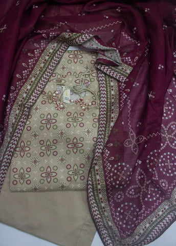 3 Piece Printed Stitched Beige Color Lawn Shirt with Trouser & Dupatta