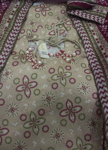 3 Piece Printed Stitched Beige Color Lawn Shirt with Trouser & Dupatta