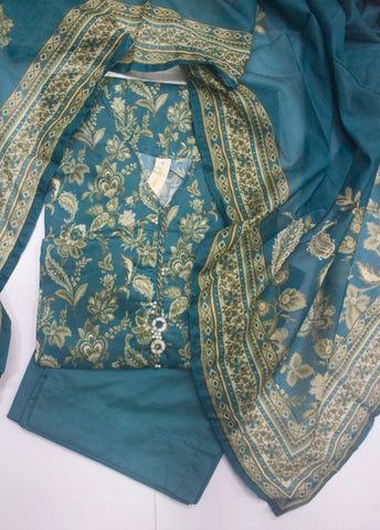 3 Piece Printed Stitched Teal Color Lawn Shirt with Trouser & Dupatta