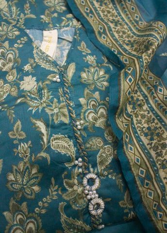 3 Piece Printed Stitched Teal Color Lawn Shirt with Trouser & Dupatta