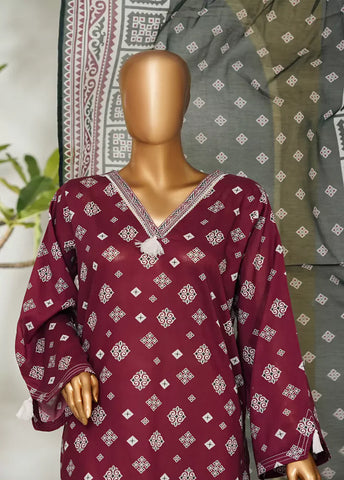 3 Piece Printed Maroon Color Lawn Shirt with Trouser & Dupatta