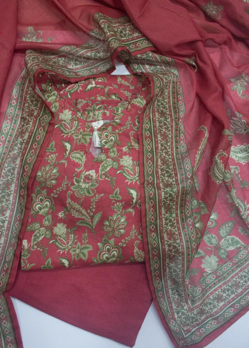 3 Piece Printed Stitched Watermelon Red Color Lawn Shirt with Trouser & Dupatta