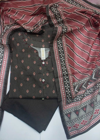 3 Piece Printed Stitched Charcoal Black Color Lawn Shirt with Trouser & Dupatta