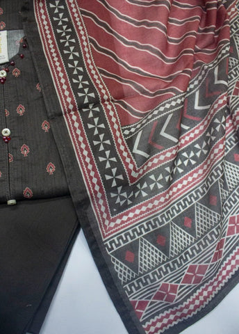 3 Piece Printed Stitched Charcoal Black Color Lawn Shirt with Trouser & Dupatta